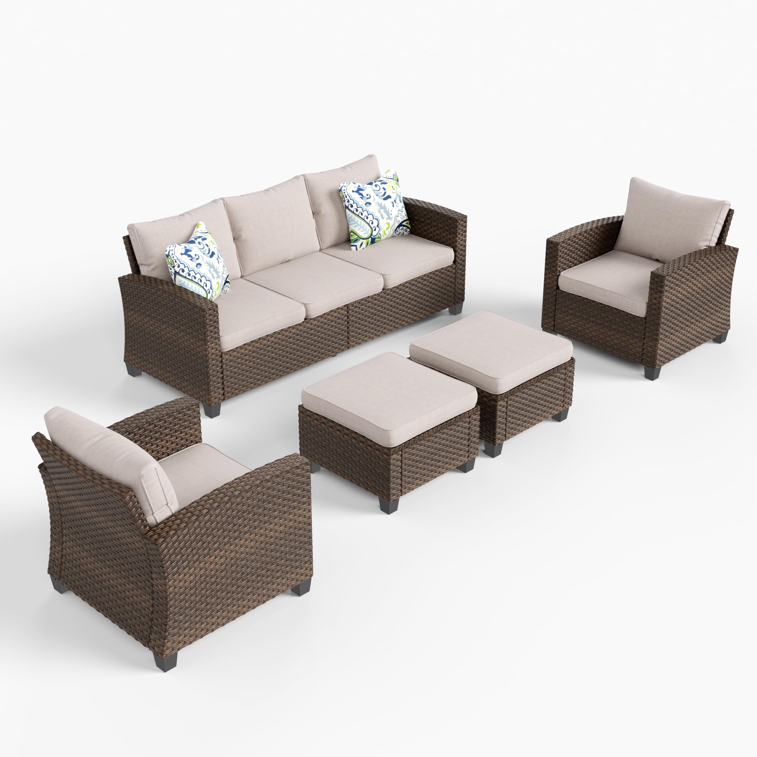Patio Furniture Set, 5 Pieces Outdoor Wicker Furniture, All Weather Rattan Patio Conversation Set, Deep Seating Outdoor Sofa Sets for Lawn Deck Backyard, Brown/Beige
