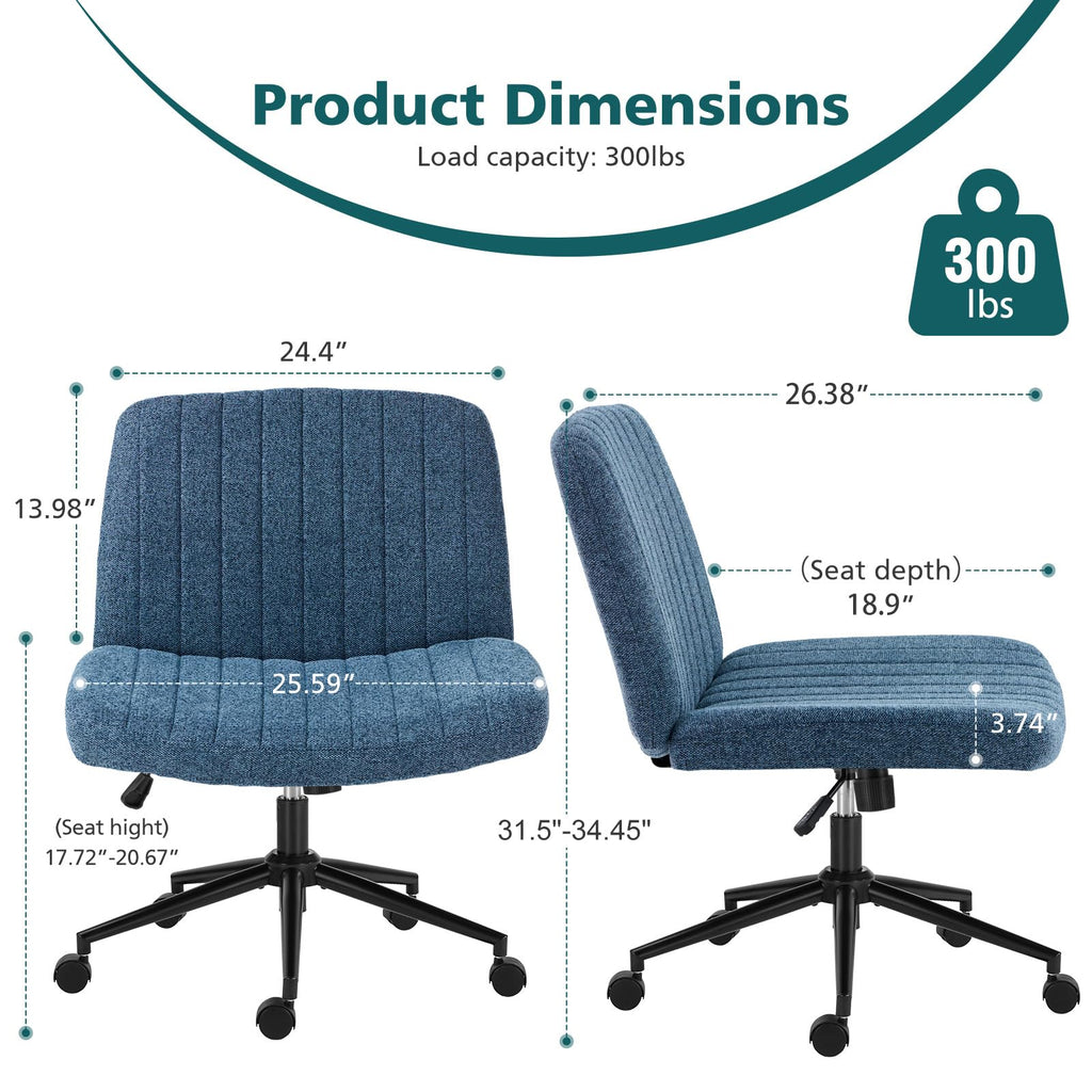 Criss Cross Chair with Wheels Wide Cross Legged Office Desk Vanity Chair Comfy Fabric Armless Height Adjustable Swivel for Home Computer Task Blue