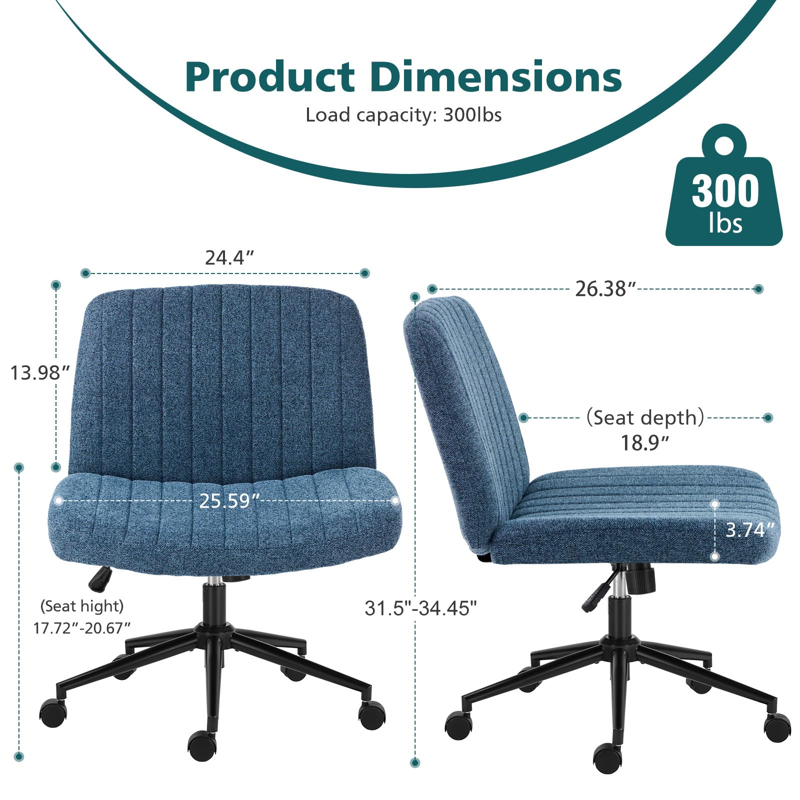 Criss Cross Chair with Wheels Wide Cross Legged Office Desk Vanity Chair Comfy Fabric Armless Height Adjustable Swivel for Home Computer Task Blue