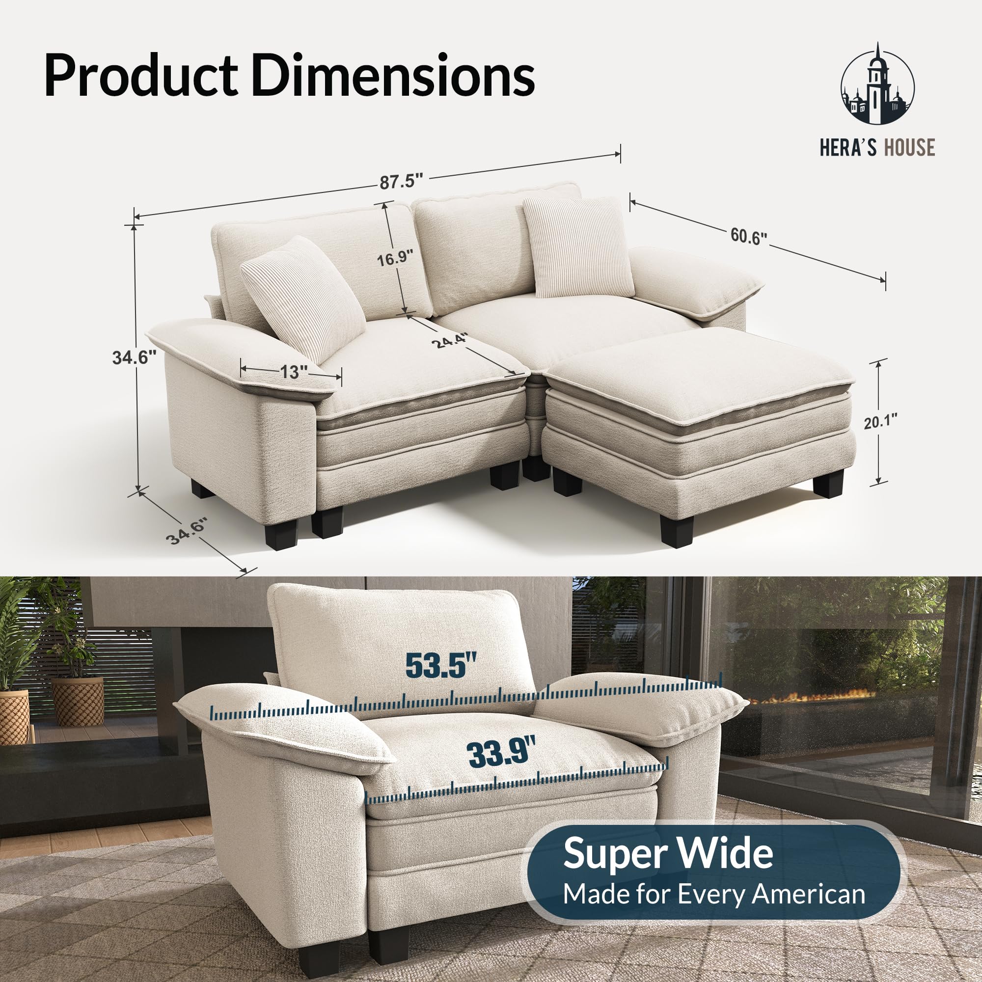 88" Modular Sectional Sofa, L Shaped Couches for Living Room, Comfy Cloud Couch with Ottoman, 3-Seater Deep Seat Sofa with Throw Pillow, Chenille Beige