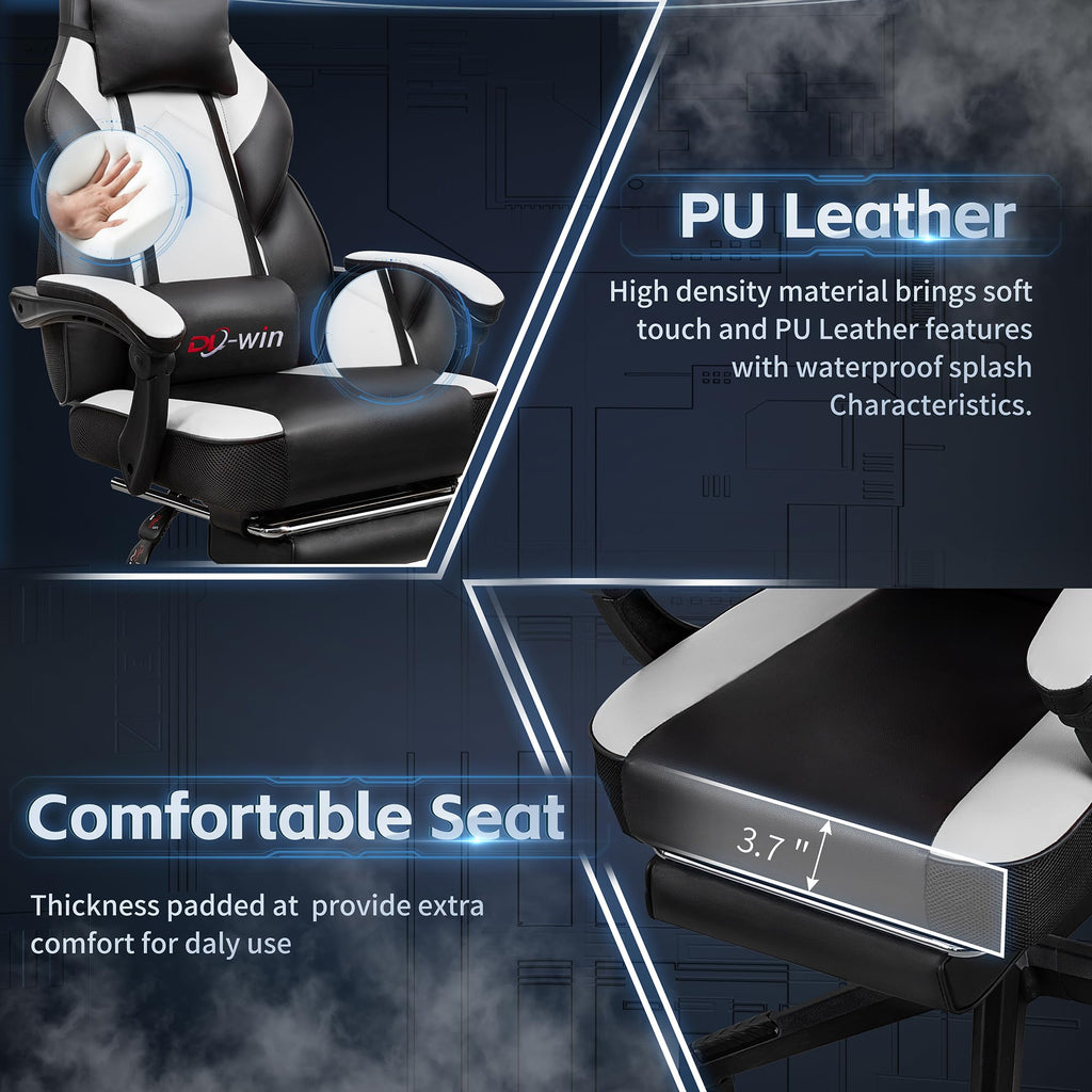 Video Gaming Chair for Adults, Computer Chair with Footrest and Ergonomic High Back, Big and Tall Gamer Chair with Massage Lumbar Support, 360° Swivel Height Adjustable Computer Chair, White