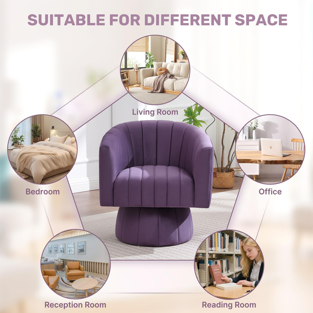 Swivel Accent Barrel Chair Set of 2, Cute Comfy Small Round 360° Arm Chair, Velvet Sofa Club Reading Chair for Living Room Bedroom Office Purple