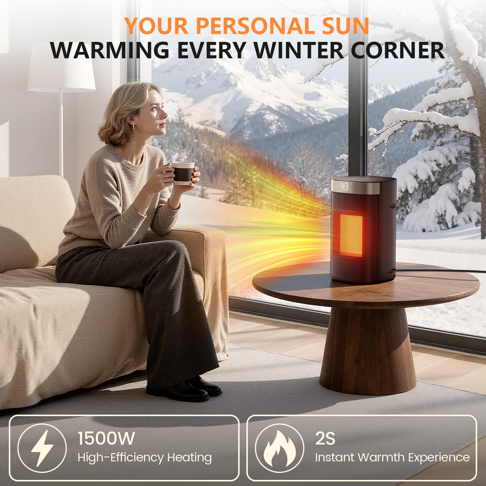 Space Heater, 1500W Electric Heaters for Indoor Use, 5 Modes & Smart Thermostat, Tip-Over & Overheat Protection, 24H Timer, Child Lock, Ceramic Fast Safety Heat for Office Bedroom Home