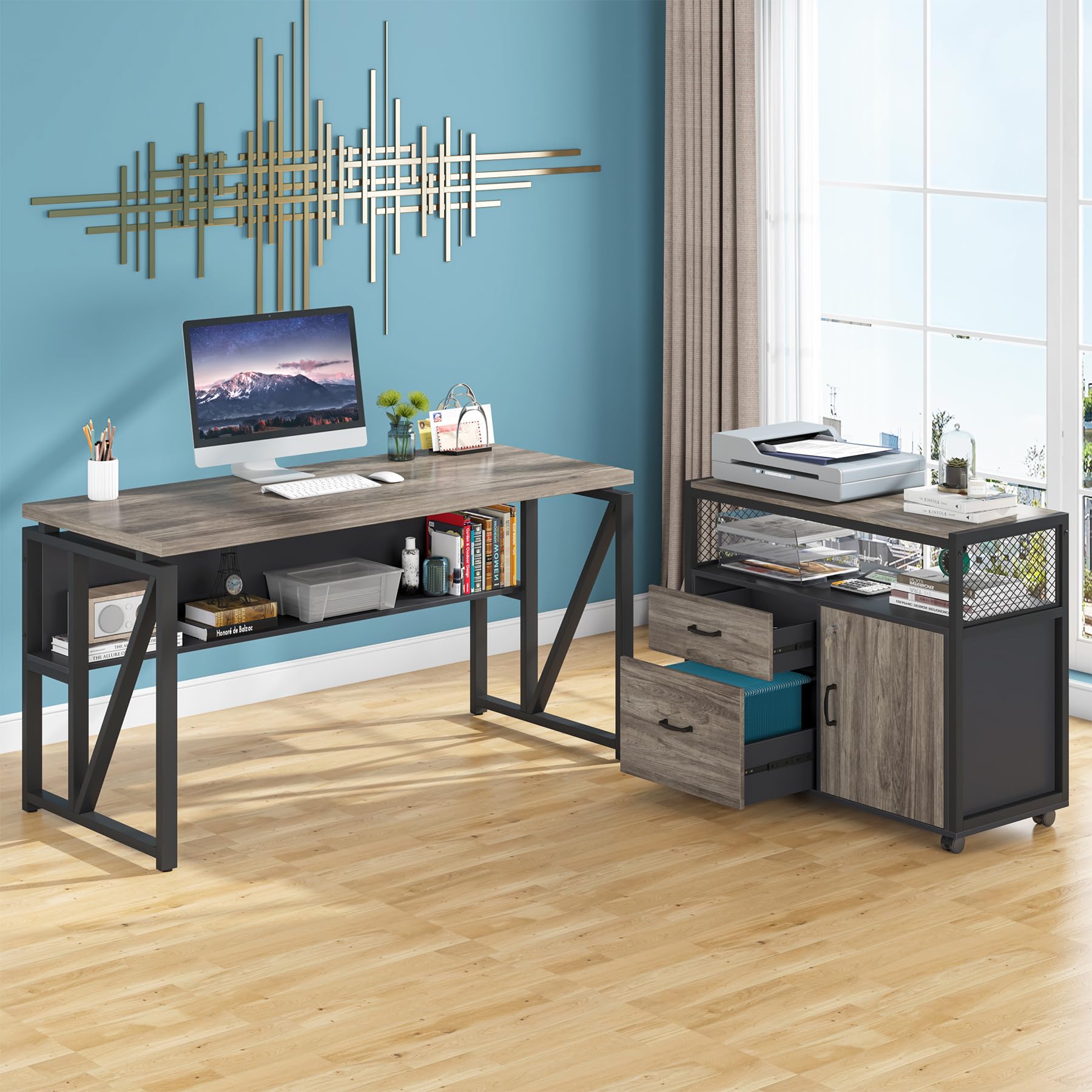 L Shaped Desk with Drawer Cabinet, 55" Executive Computer Desk and lateral File Cabinet, 2 Piece Home Office Furniture with Drawers for Hanging File, Doors with Locks (Gray, 55 inches)