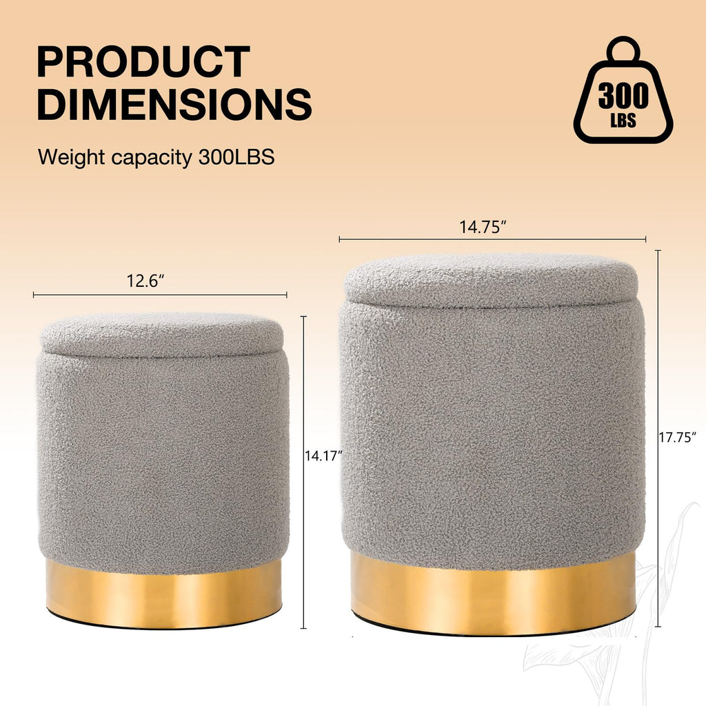 Sherpa Round Ottoman Set of 2 with Storage, 12 Gallon Hidden Storage Ottoman, Multi-Functional Footrest Stool, Vanity Seat, Coffee Table, No Assembly Required, Holds 300lbs (Gray)