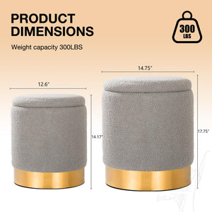 Sherpa Round Ottoman Set of 2 with Storage, 12 Gallon Hidden Storage Ottoman, Multi-Functional Footrest Stool, Vanity Seat, Coffee Table, No Assembly Required, Holds 300lbs (Gray)