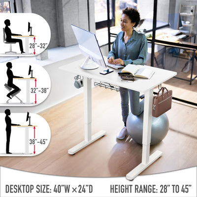 40-Inch Electric Height Adjustable Standing Desk with Drawer, Memory Preset and Cable Management Tray, White