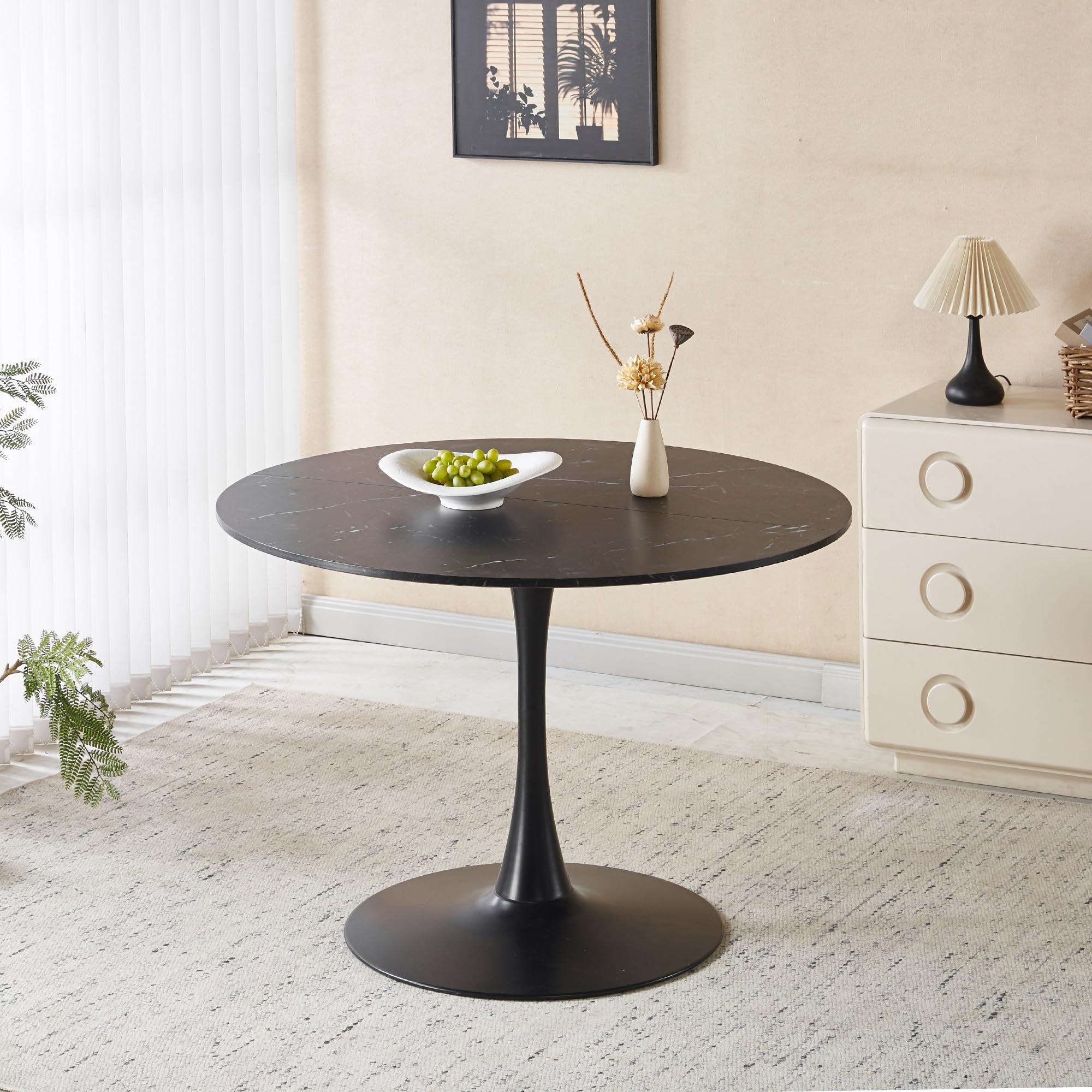 42" Tulip Table for 4-6 Persons Modern Round Dining Table, Mid-Century Modern Black Marble Small Kitchen Table with MDF Wooden Top, Leisure Coffee Table for Living Room, Dining Room, Office