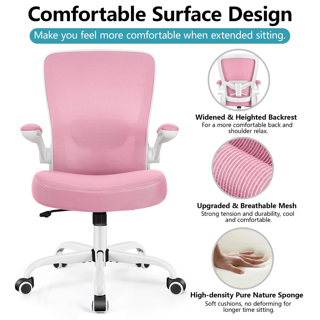 Office Chair, Ergonomic Desk Chair Breathable Mesh Chairs Adjustable High Back Lumbar Support Flip-up Armrests, Executive Rolling Swivel Comfy Computer Chairs Home Office Pink