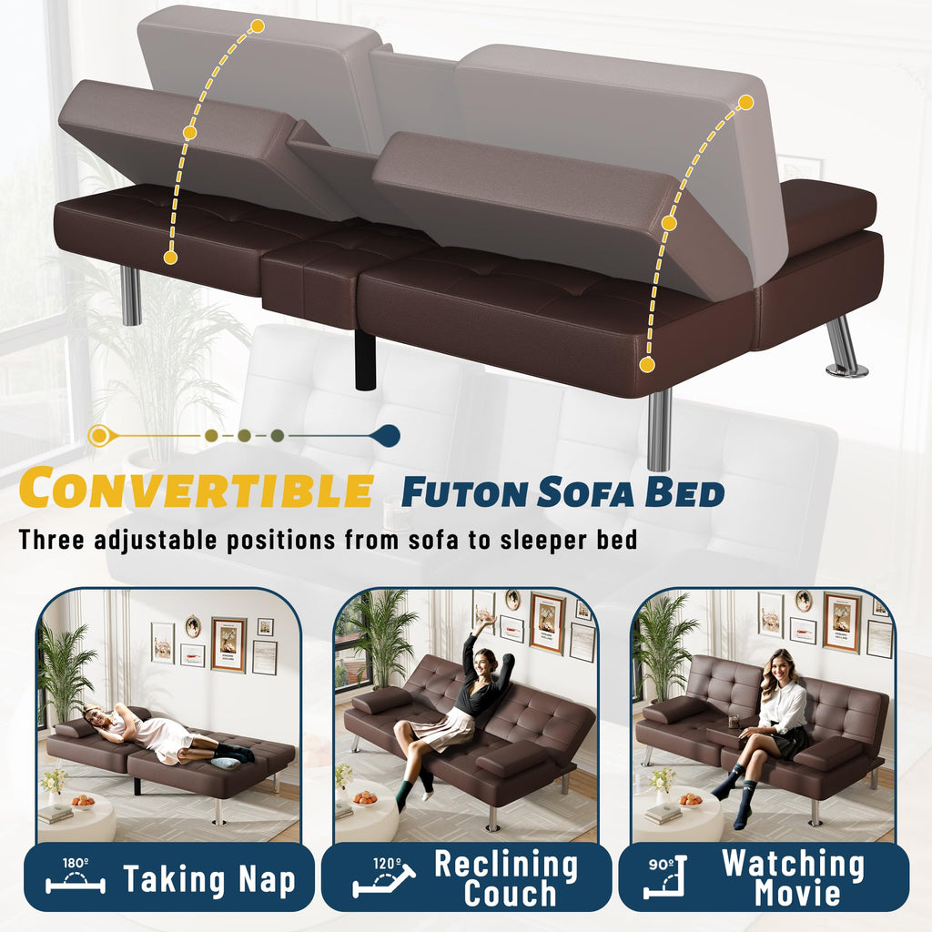 Sofa Bed Adjustable Futon Couch Sleeper Sofa Bed for Living Room, Business Office, Recliner Sofas with Cup Holders (PU Leather, Brown)