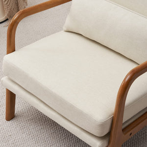 High Back Linen Beige Mid Century Modern Accent Chair, Soild Wood Padding Lounge Armchairs Side Sitting Chairs for Living Room, Bedroom, Guest Room