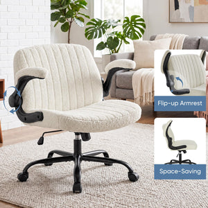 Criss Cross Home Office Chair with Wheels, Wide Cross Legged Desk Vanity Chair Comfy Fabric Flip-Up Armrests Adjustable Swivel Chairs for Home Computer Bedroom, Beige