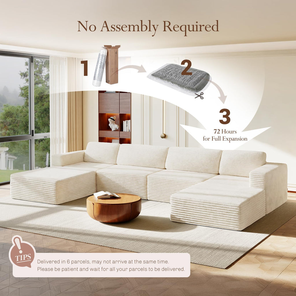 159" Large Modular Sectional Sofa, U-Shaped Corduroy Cloud Couch with Deep Seats & Spring Support, 4-Seater Boneless Sofa with 2 Movable Ottomans, No Assembly Needed, Beige