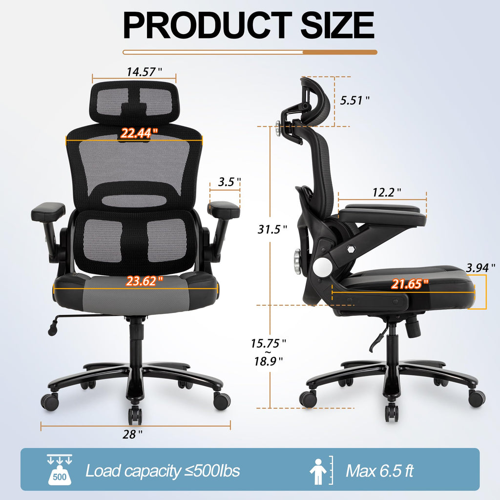 500lbs Big and Tall Office Chair, Large Heavy Duty Executive Computer Chair with 5D Flip Arms,Ergonomic Mesh High Back Desk Chair with Adjustable Lumbar Support 3D Headrest,Thick Spring Cushion
