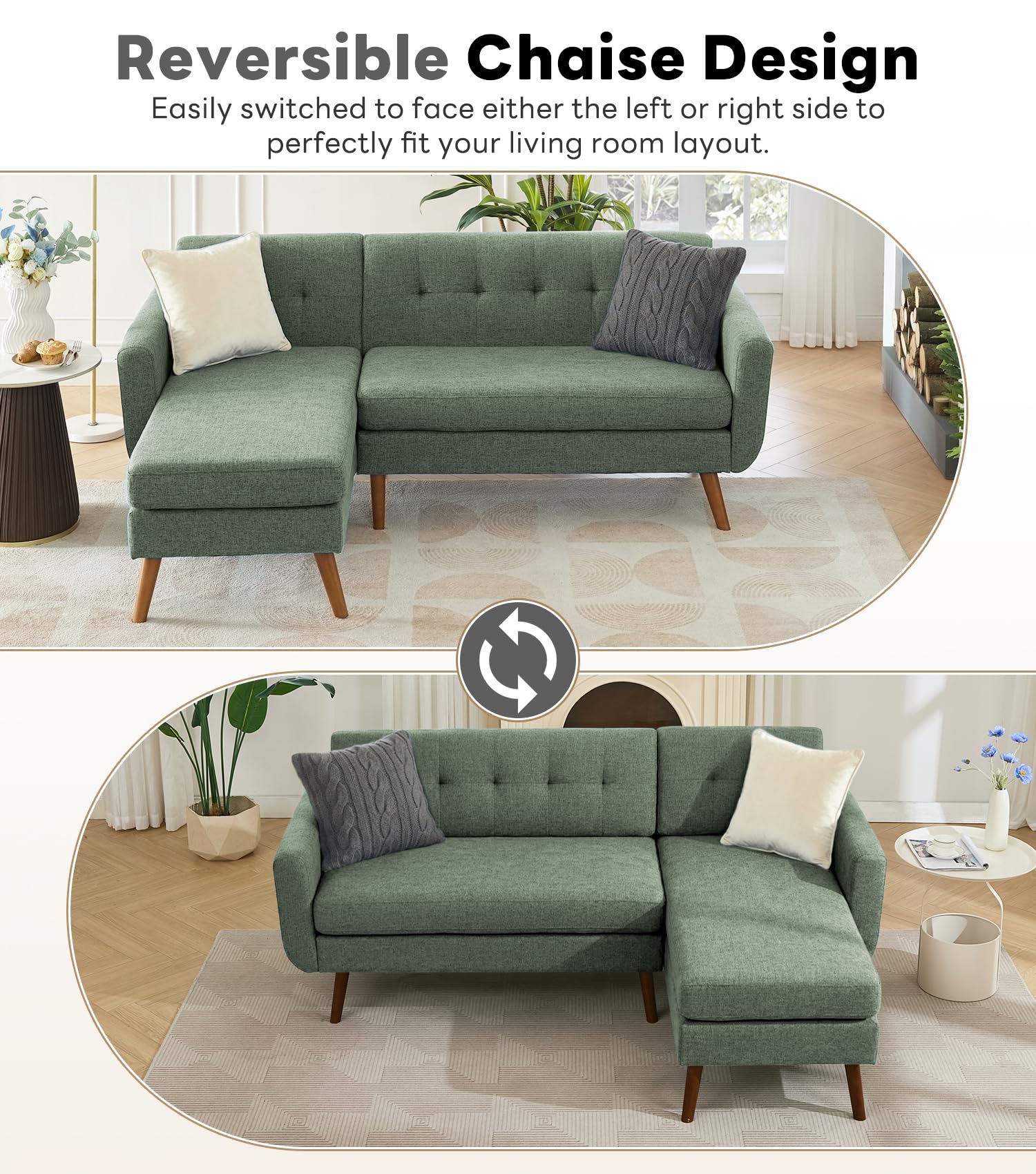 L Shaped Couch, 80" W Mid-Century Modern Sofa, Sectional Couches, 3 Seater Sofas with Wide Chaise Lounge, Button Tufted Upholstered Sectional Sofa for Living Room, Bedroom, Green