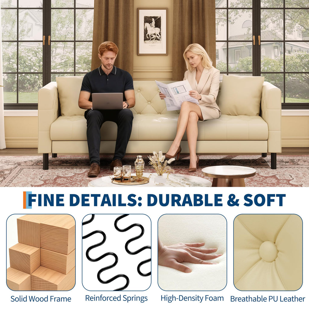 81 in Leather Couch for Living Room, Modern Sofa Couch with Deep Seat, Handmade Button Tufted 3 Seater Sofa, Leather Sofa for Apartment, Office, Cream White