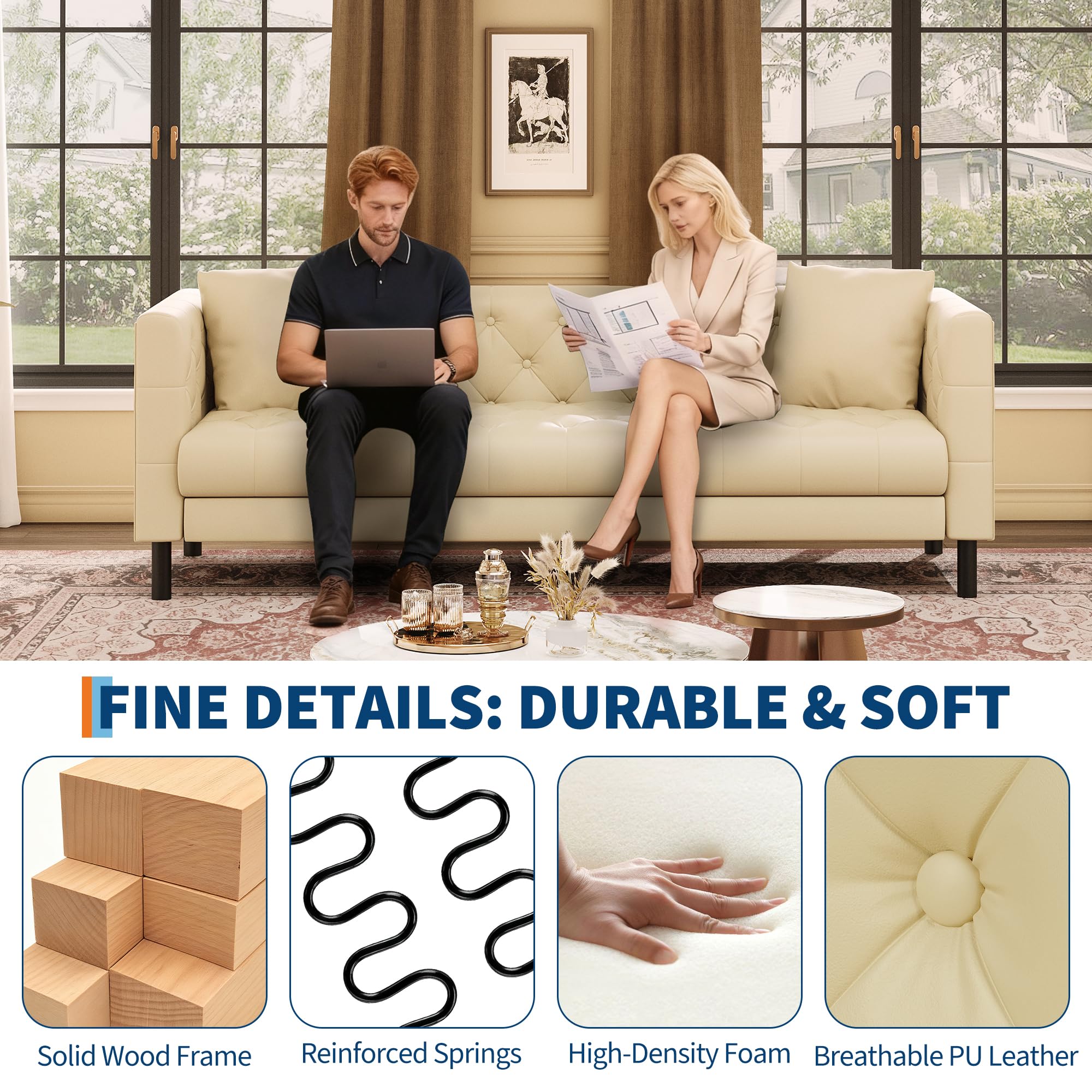 81 in Leather Couch for Living Room, Modern Sofa Couch with Deep Seat, Handmade Button Tufted 3 Seater Sofa, Leather Sofa for Apartment, Office, Cream White