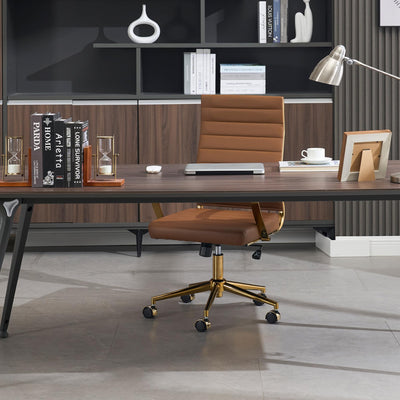 Gold Office Desk Chair, Ergonomic Leather Modern Conference Room Chairs, Executive Ribbed Height Adjustable Swivel Rolling Golden Chair for Home Office.