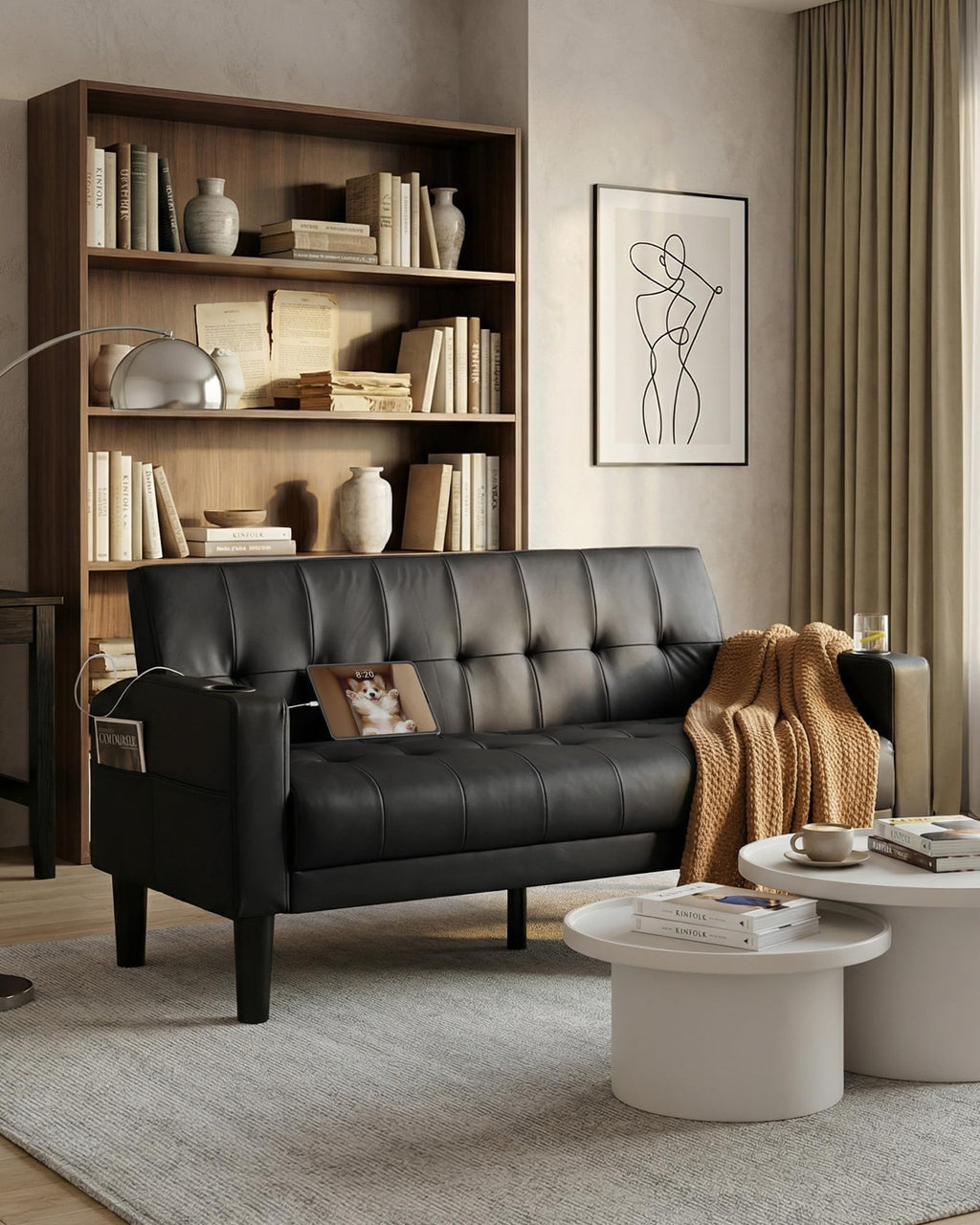 Sofa Couch 62" W Loveseat w/ 2 USB Charger Ports & 2 Cupholders, Mid-Century Modern Black Faux Leather Tufted Small Love Seat Couches for Office,Compact Living Room,Bedroom,Apartment,Dorm