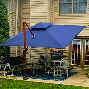 10' X 13' Double Top Deluxe Wood Pattern Rectangle Patio Umbrella Offset Hanging Umbrella Outdoor Market Umbrella Garden Umbrella, Navy Blue