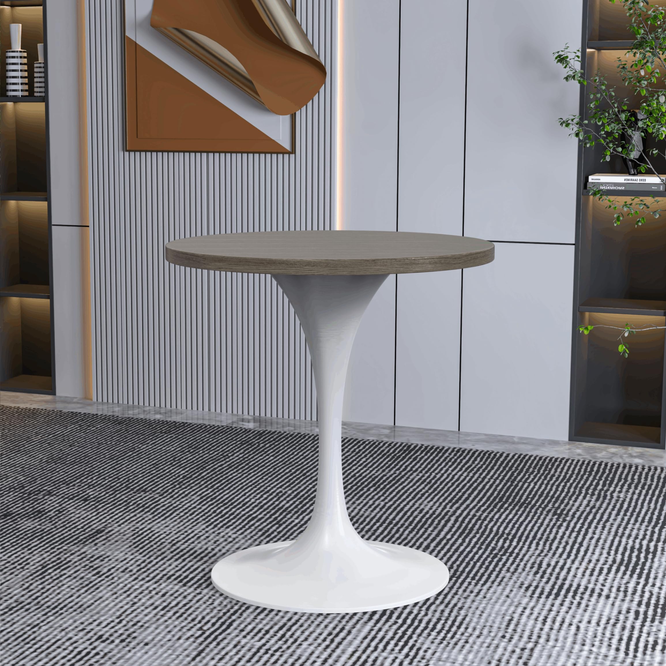 Mid-Century Modern 27 Inch Round Dining Table, MDF Wood Tabletop with White Steel Pedestal Base, Contemporary Kitchen & Dining Room Table, Small Space Breakfast Table, Dark Maple