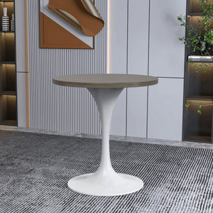 Mid-Century Modern 27 Inch Round Dining Table, MDF Wood Tabletop with White Steel Pedestal Base, Contemporary Kitchen & Dining Room Table, Small Space Breakfast Table, Dark Maple