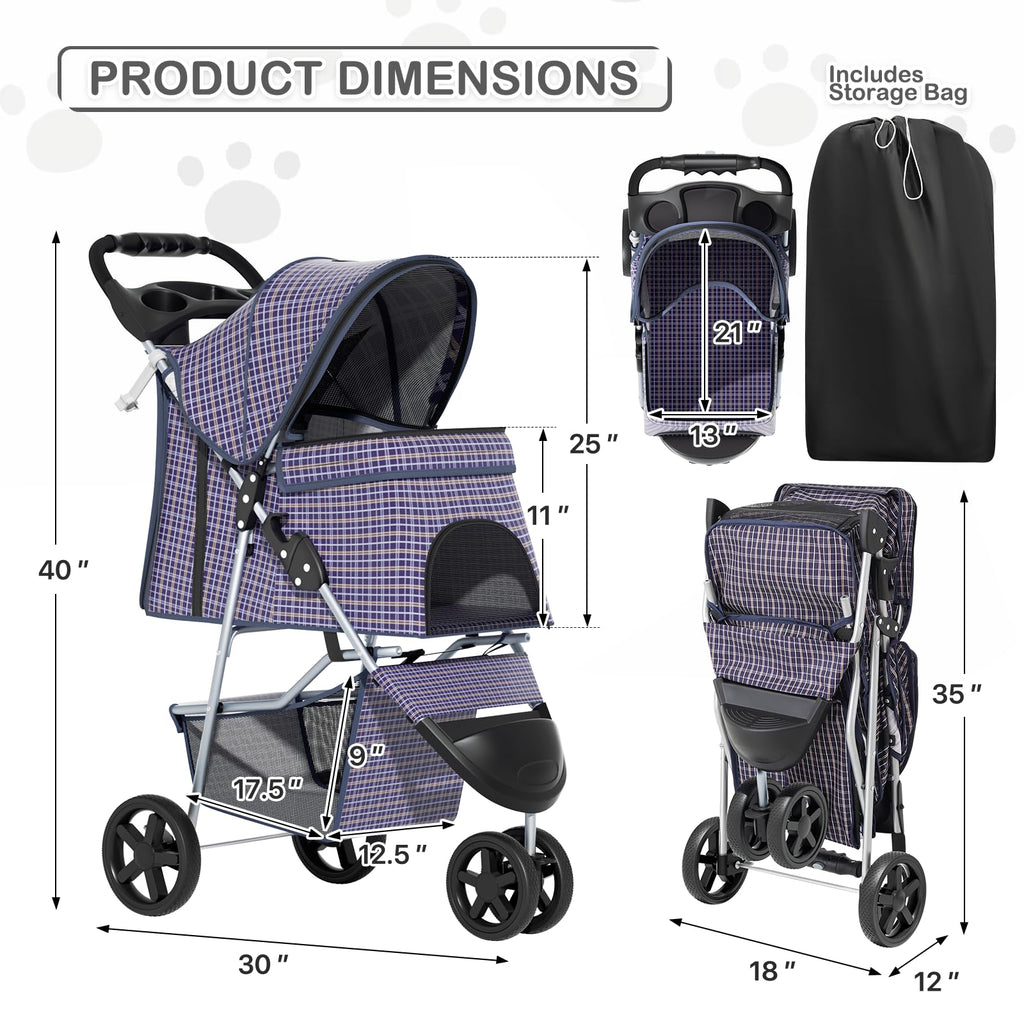 3 Wheels Pet Dog Cat Stroller for Small Medium Dogs Cats, Lightweight Foldable Jogger Stroller w/Storage Basket and Cup Holder, Plaid