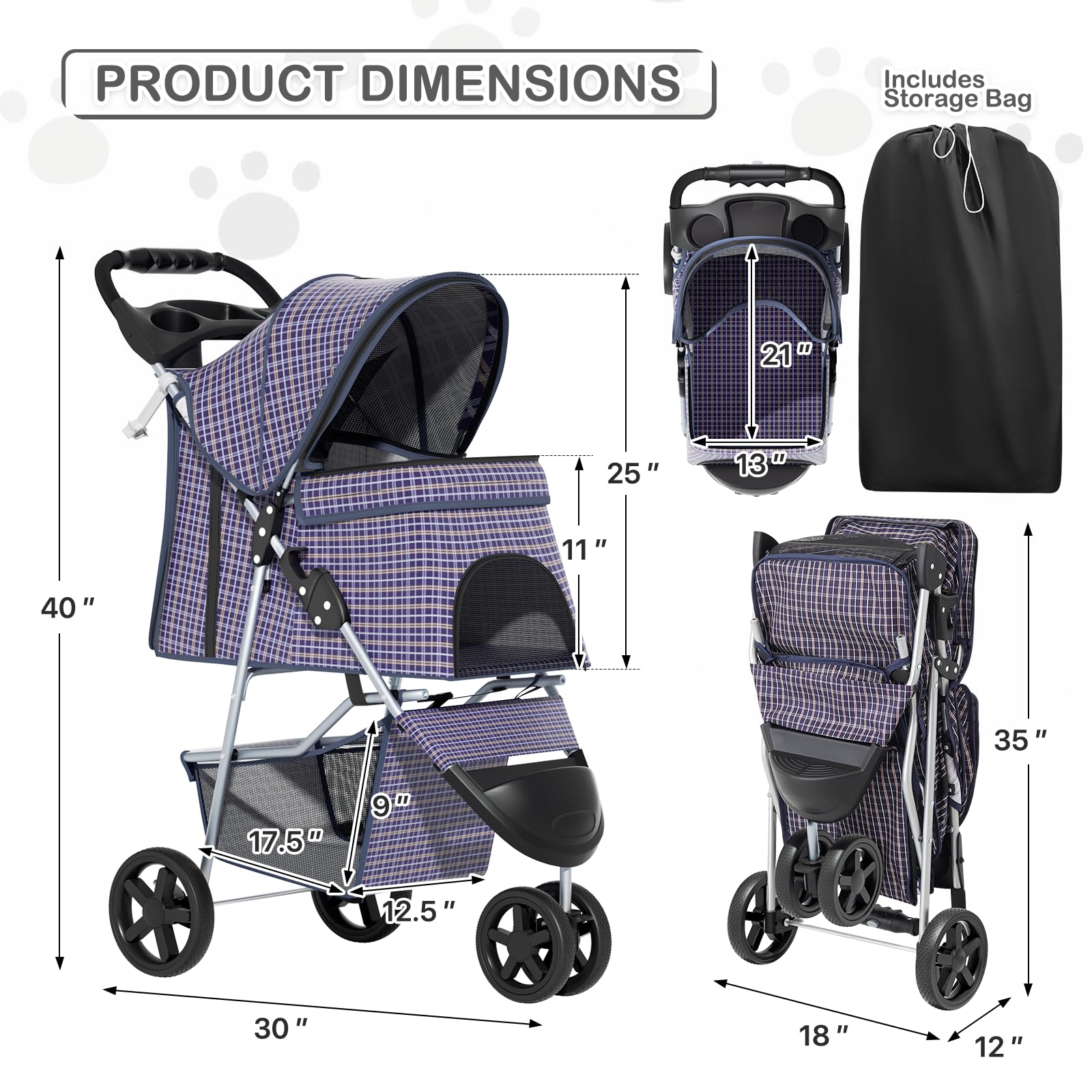 3 Wheels Pet Dog Cat Stroller for Small Medium Dogs Cats, Lightweight Foldable Jogger Stroller w/Storage Basket and Cup Holder, Plaid