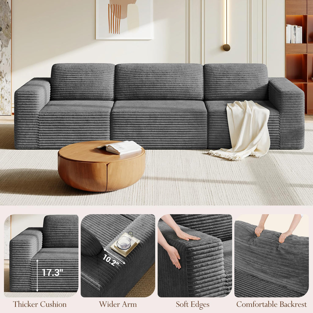 119" Modular Sectional Sofa, Corduroy Cloud Couch with Deep Seating & Spring Support, 3 Seater Flexible Layout Sofa, Boneless Couch for Living Room & Apartment, No Assembly Required, Grey