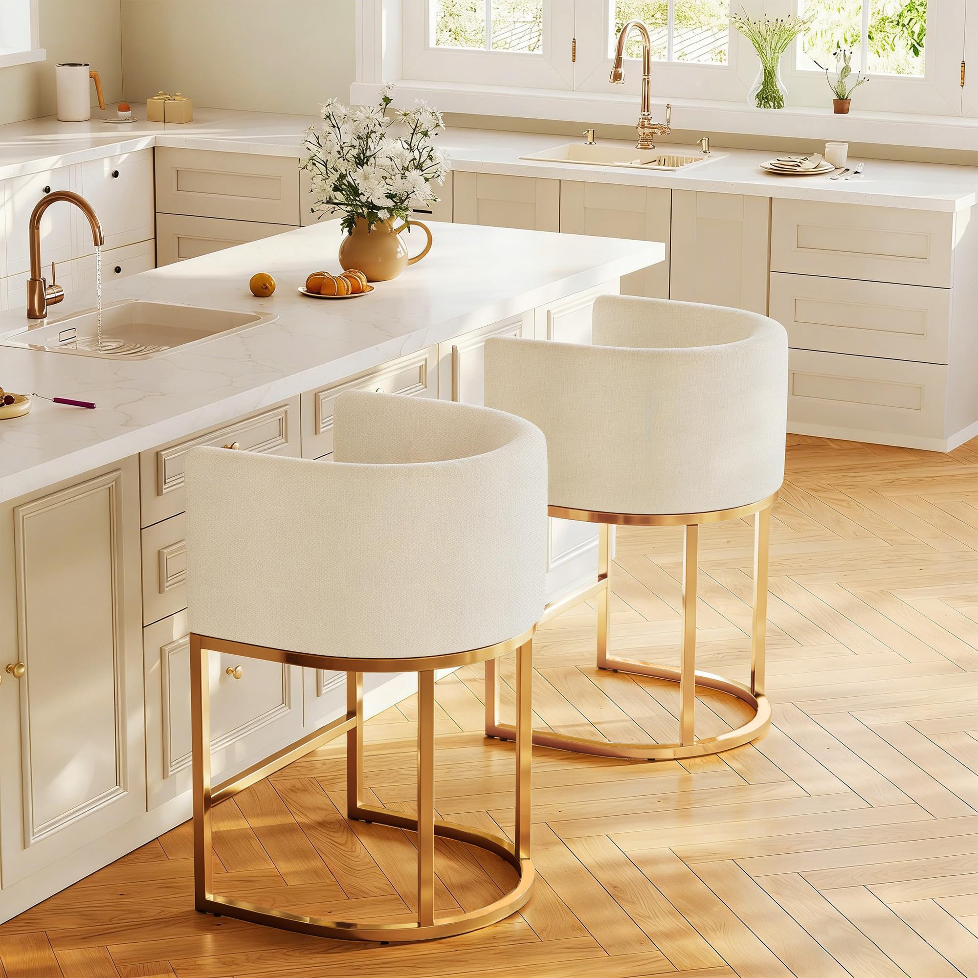 Modern Counter Height Bar Stools,Bar Stools Set of 2,Fabric Upholstered Barrel Barstools with Backs,26'' Kitchen Island Chairs,Metal Gold Frames,Off White Linen