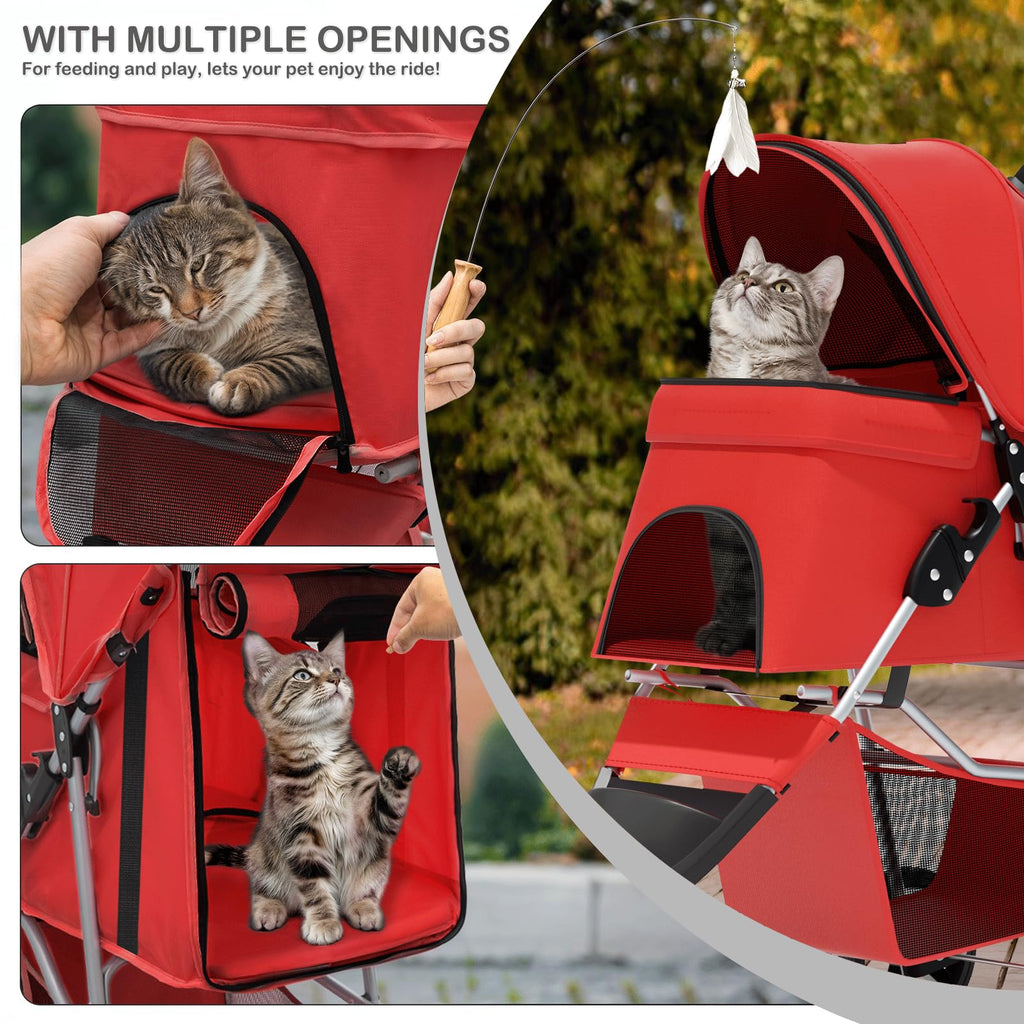 3 Wheels Pet Stroller, Foldable Puppy Cage Jogger Stroller with Weather Cover for All-Season, Storage Basket and Cup Holder, Breathable and Visible Mesh for Small/Medium Pets, Red