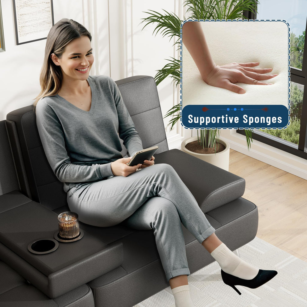 Sofa Bed Adjustable Futon Couch Sleeper Sofa Bed for Living Room, Business Office, Recliner Sofas with Cup Holders (PU Leather, Black)
