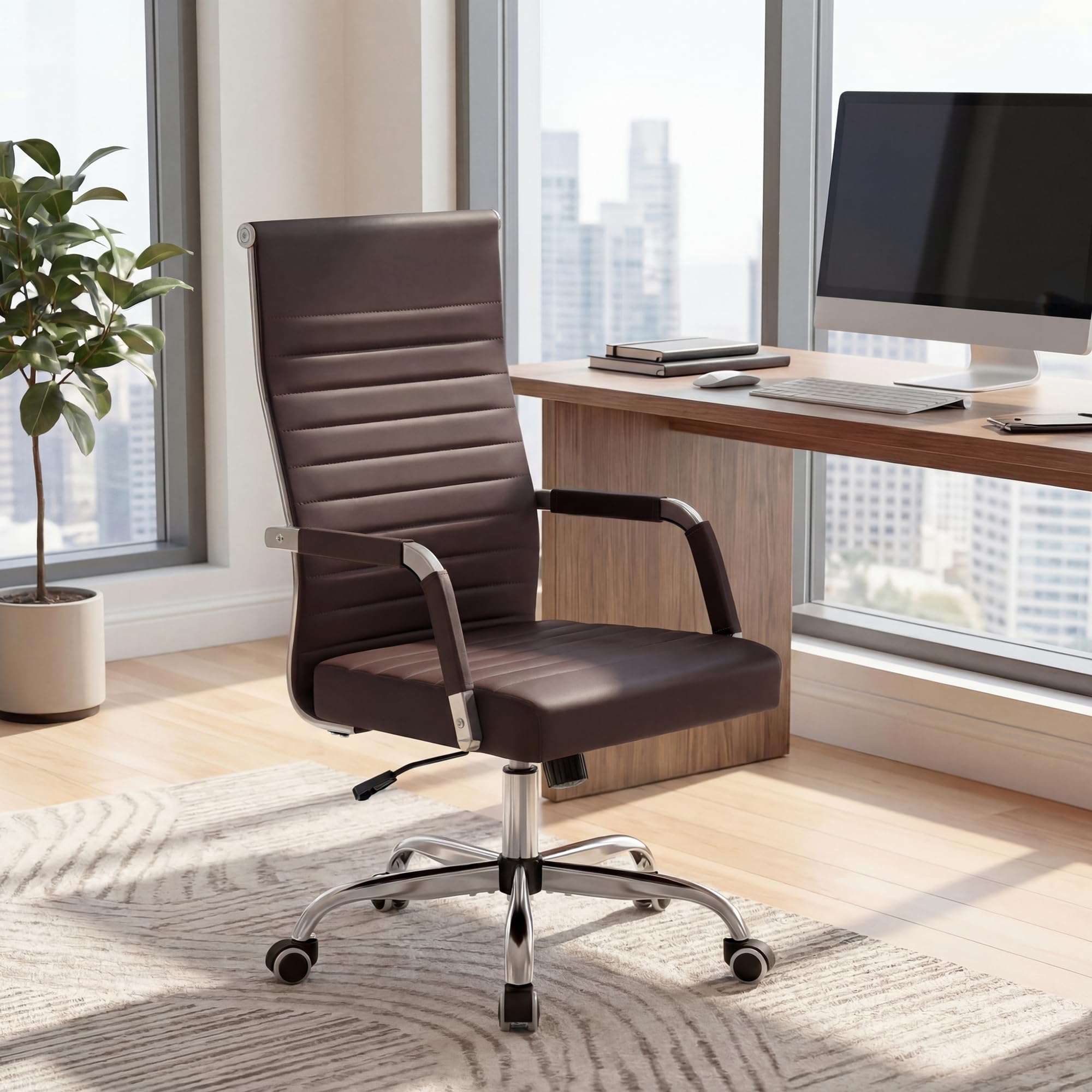 Ergonomic Office Desk Chair, Executive Ribbed Mid-Back PU Leather Conference Room Chair Adjustable Swivel Chair with Arms (2, Brown)