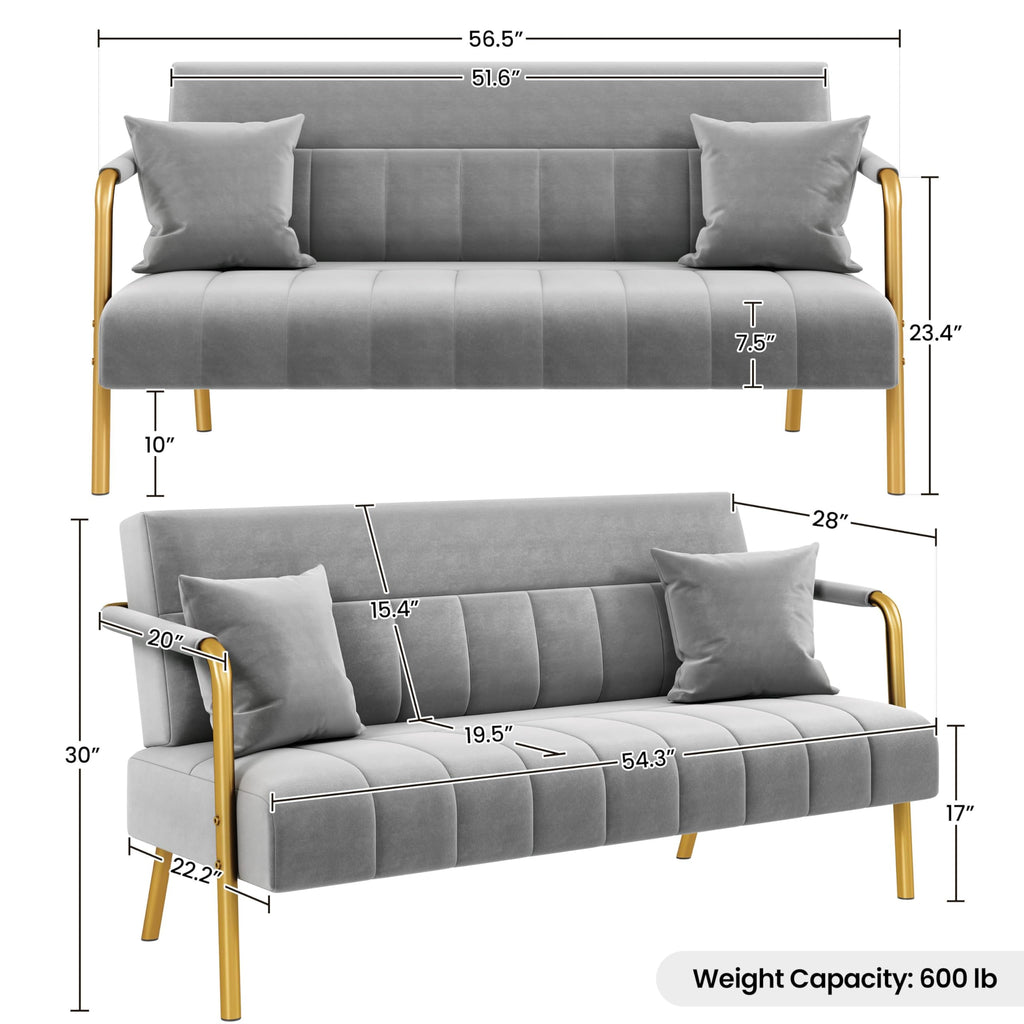 56.5" W Modern Sofa Small Sofa Luxurious Velvet Fabric Couch with Gold-Tone Metal Arms and Legs for Living Room, Home Office, Studio Light Gray