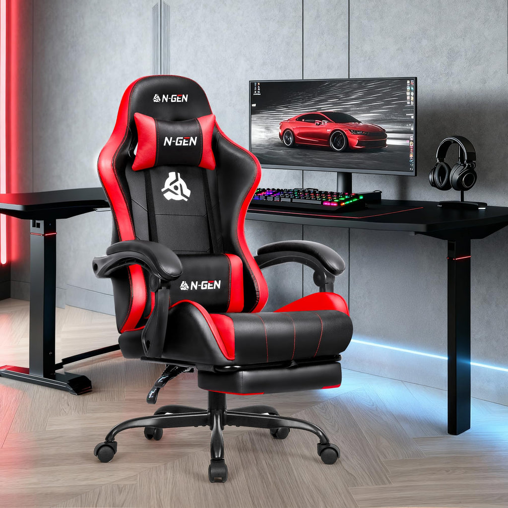 Video Gaming Chair with Footrest Lumbar Support for Home Office High Back Recliner Height Adjustable Ergonomic Comfy Leather Computer Desk Chair (Red)