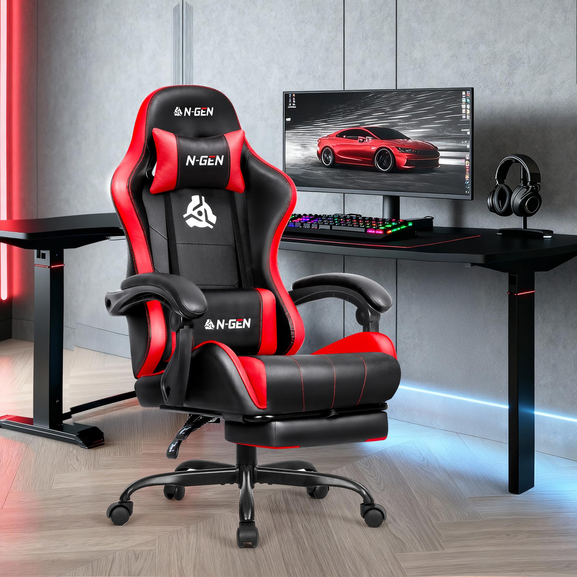Video Gaming Chair with Footrest Lumbar Support for Home Office High Back Recliner Height Adjustable Ergonomic Comfy Leather Computer Desk Chair (Red)