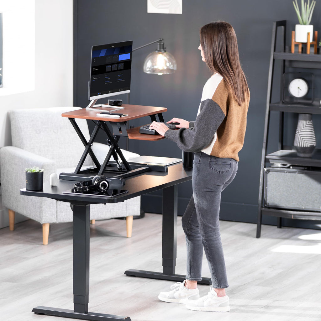 26 inch Desk Converter, K Series, Height Adjustable Sit to Stand Riser, Dual Monitor and Laptop Workstation with Keyboard Tray, Dark Walnut Top, Black Frame, DESK-V026KA