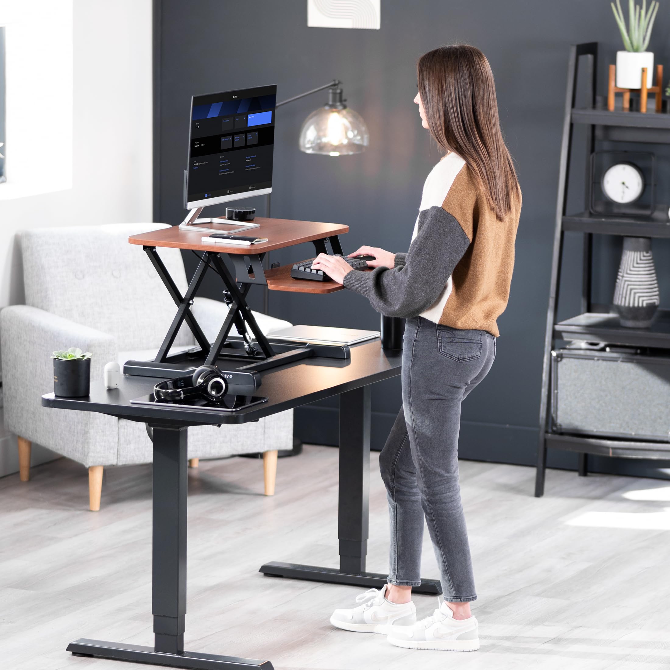 26 inch Desk Converter, K Series, Height Adjustable Sit to Stand Riser, Dual Monitor and Laptop Workstation with Keyboard Tray, Dark Walnut Top, Black Frame, DESK-V026KA