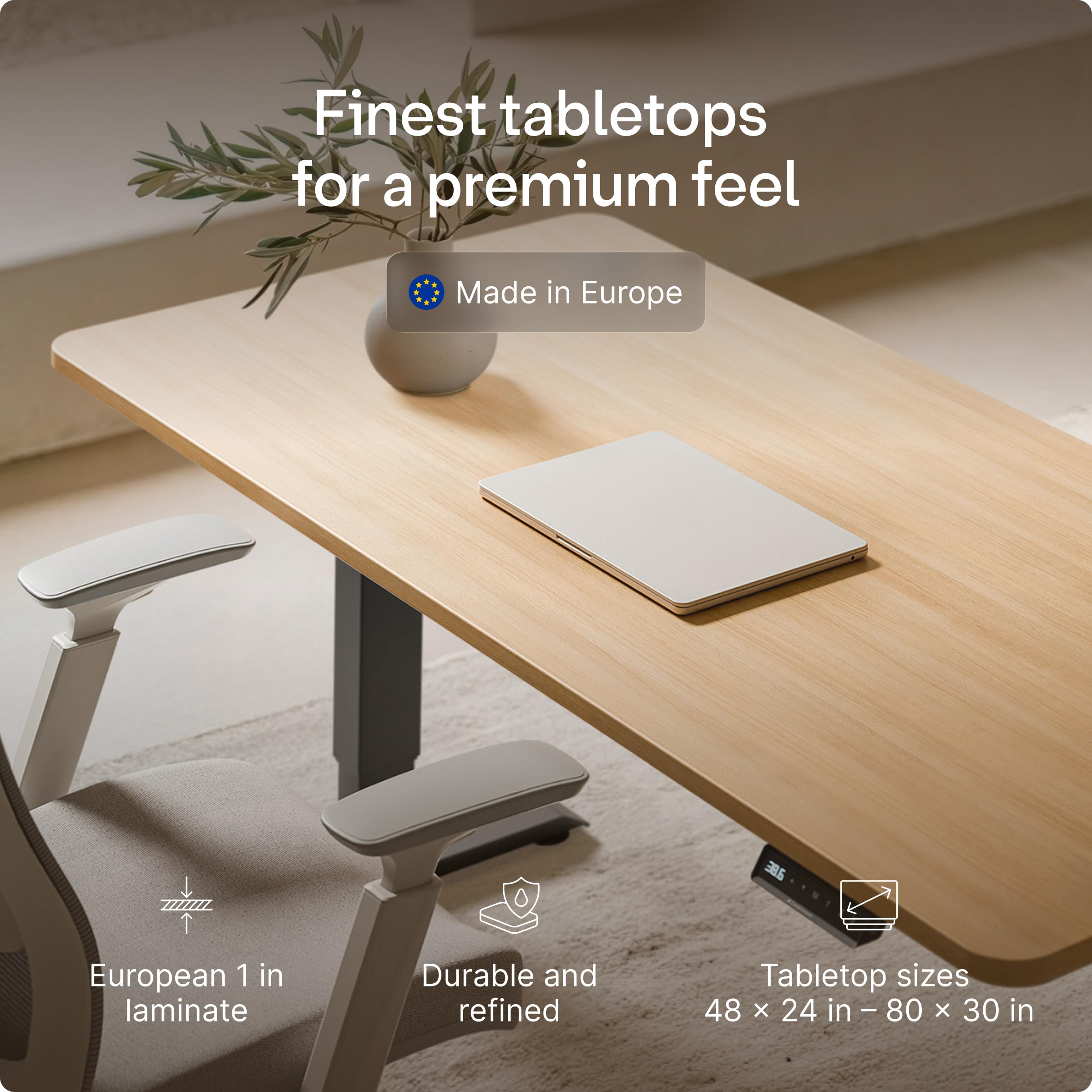 HomePro Standing Desk 70x30 — Made in Europe, Ergonomic Sit Stand Home Office Desk, Electric Height Adjustable, Dual Motor, USB & USB-C Charging, Wobble-Free, Touchscreen, 3 Memory Presets
