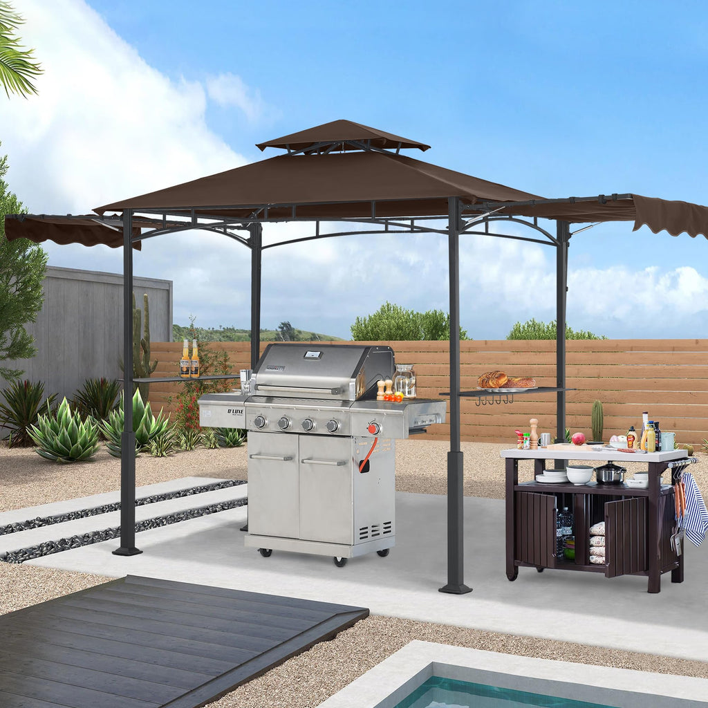 Grill Gazebo with 2 Side Awnings - 14x5 Outdoor BBQ Canopy Shelter with 2 Led Lights for Patio Backyard Grilling (Brown)
