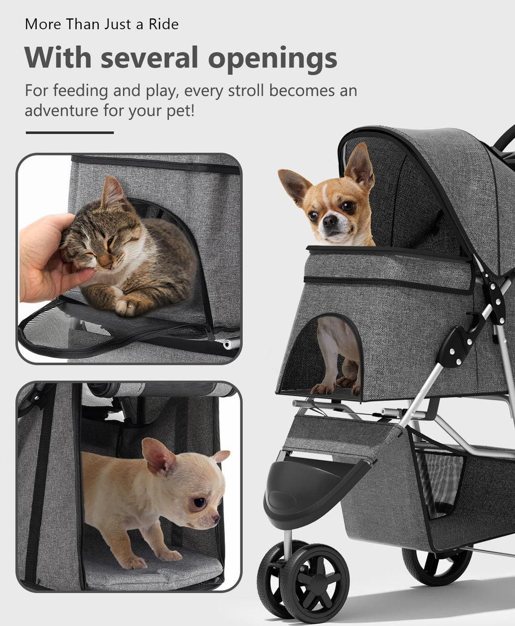 Pet Stroller with 3 Wheels for Small/Medium Pets, Portable Travel Foldable Carrier Jogger for Dog Cat Puppy Kitty, Rear Wheel Breaks, Storage Basket, Visible Mesh with Weather Cover (Gray)