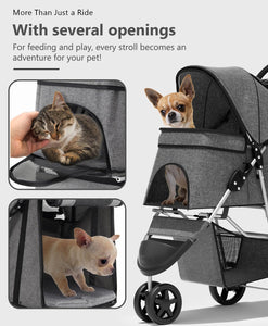 Pet Stroller with 3 Wheels for Small/Medium Pets, Portable Travel Foldable Carrier Jogger for Dog Cat Puppy Kitty, Rear Wheel Breaks, Storage Basket, Visible Mesh with Weather Cover (Gray)