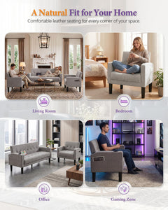 Sofa Couch, Living Room Furniture Sectional Sofa Sets 2 Pic, Tufted Mid-Century Loveseat w/USB, Cupholders & Comfy Single Sofa for Small Space, Apartment, Office (Light Grey)