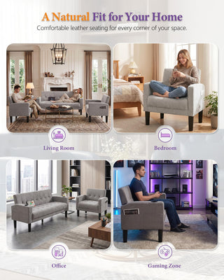 Sofa Couch, Living Room Furniture Sectional Sofa Sets 3 Pcs, Tufted Mid-Century Loveseat w/USB, Cupholders & Comfy Single Sofa for Small Space, Apartment, Office (Light Grey)