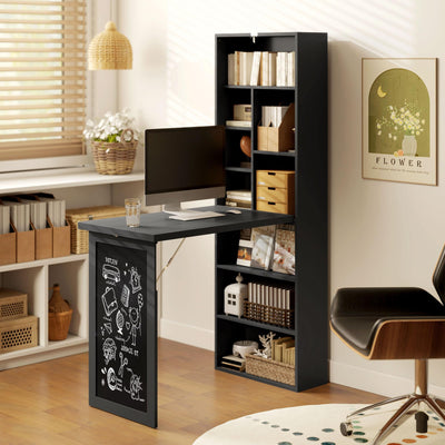 Fold-Out Convertible Writing Table, Computer Desk with Blackboard and Side Shelf Multi-Function Home Office Workstation, Black