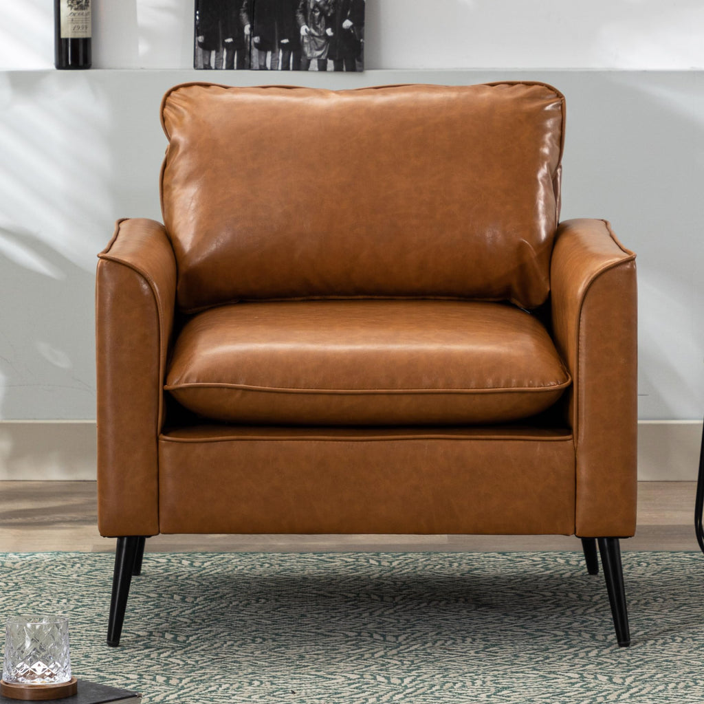 Oversized Upholstered Accent Chair, Modern Brown Leather Single Sofa for Bedroom or Living Room, Mid-Century Comfy Reading Armchair for Lounge or Waiting Area