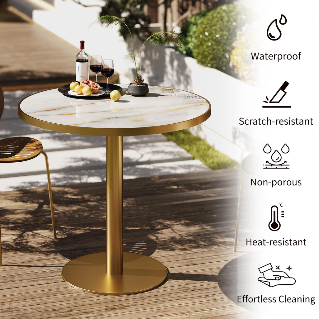 31.5" Tulip Table,Round Kitchen Dining Table for 2-4 with Thick Sintered Stone Top,Titanium Golden Pedestal Base,Heat-Resistant,Bistro Table for Dining Room,Café,Small Space（Sunrise Strings）