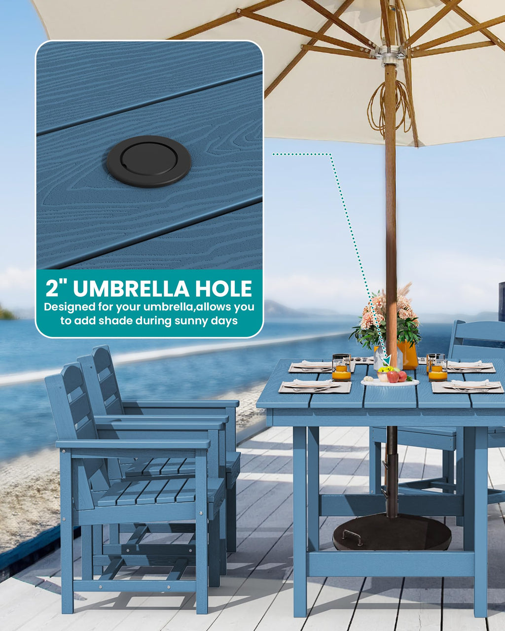 7-Piece Patio Dining Table Sets, Outdoor HDPE Dining Furniture Set with Umbrella Hole Cut-Out Table and 6 Chairs, Blue