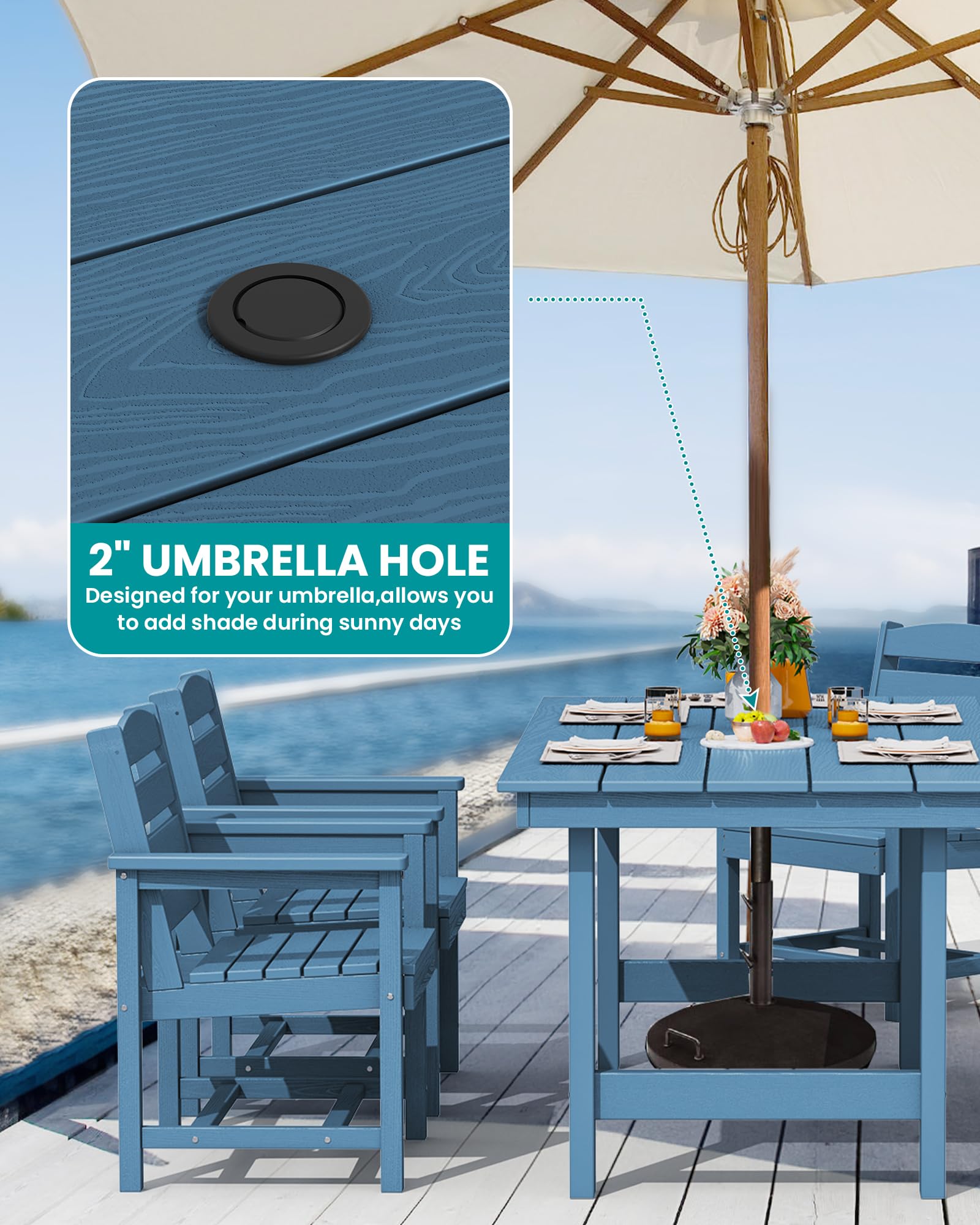 7-Piece Patio Dining Table Sets, Outdoor HDPE Dining Furniture Set with Umbrella Hole Cut-Out Table and 6 Chairs, Blue