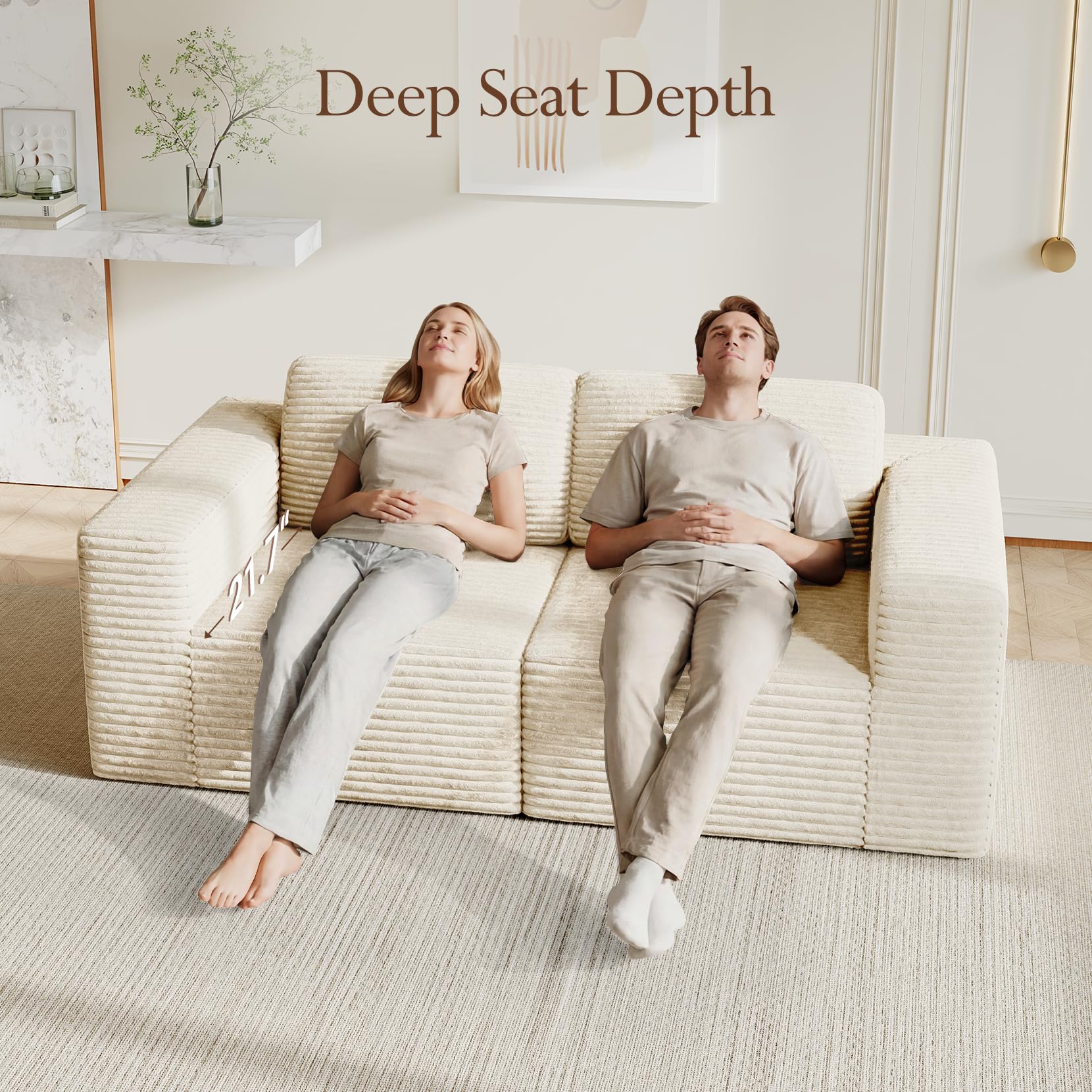 80" Modular Sectional Sofa, Corduroy Cloud Couch with Deep Seating & Spring Support, 2 Seater Compact Modular Couch, Boneless Sectional Sofa for Small Spaces, No Assembly Required, Beige